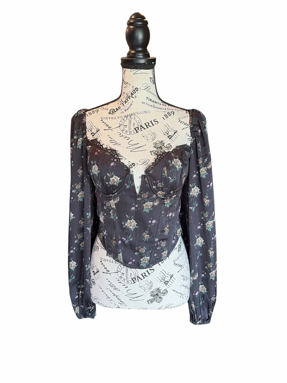 ASTR The Label Josephine Floral Corset Puff Sleeve Top Black Size Medium